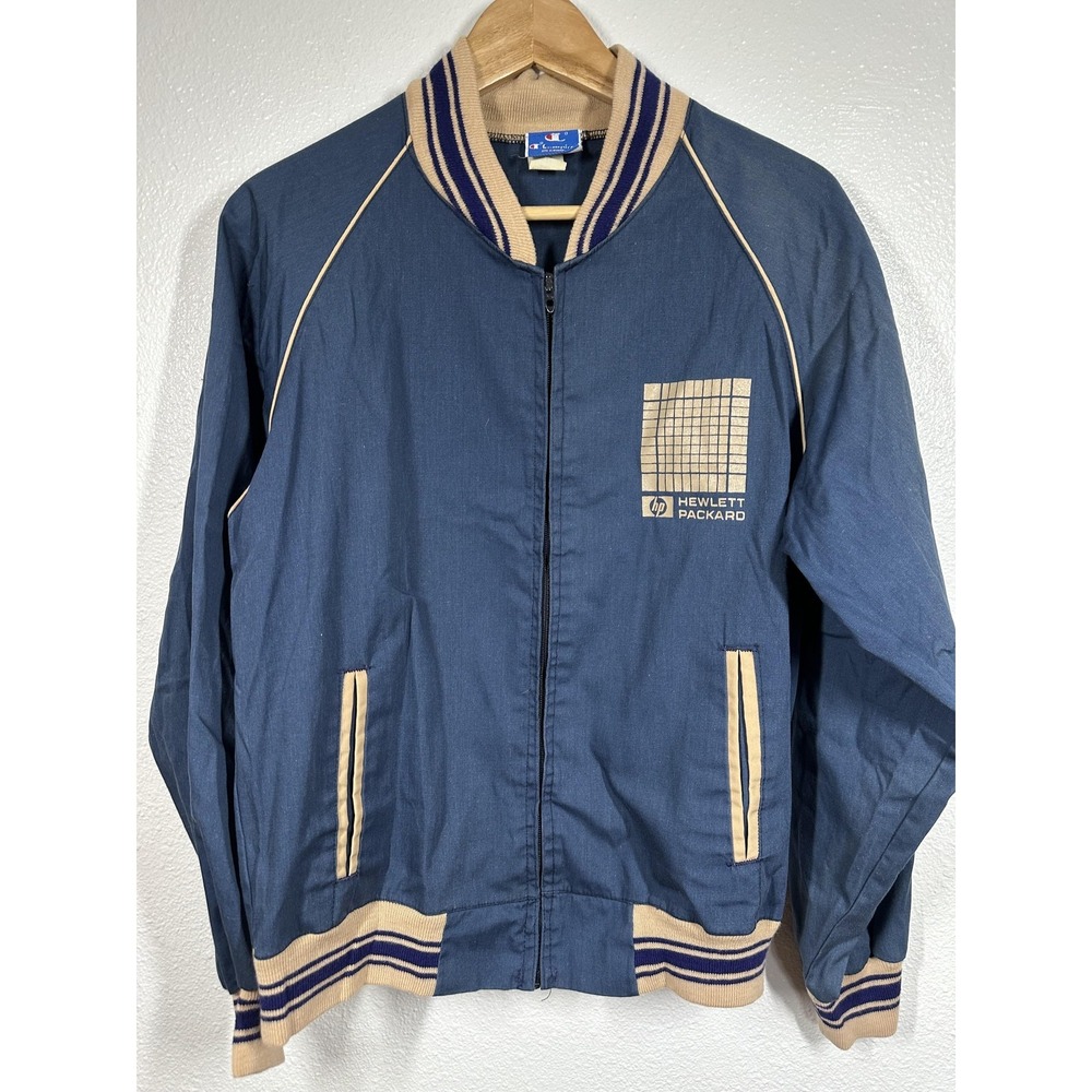 Vintage Champion Jacket Mens Medium Blue Hewlett Packard HP Logo Striped 80s USA